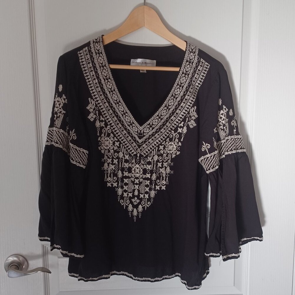 Chelsea & Theodore Tunic Top Women Size 2XL Black Bell Sleeve Peasant Festival